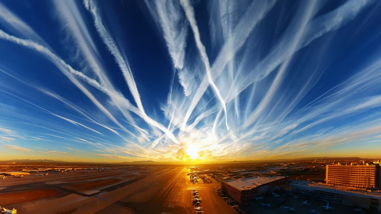 A Stunning Flight of Clouds: Captivating Sky Patterns Above an Airport at Sunset Showcases Vibrant Colors and Atmospheric Contrasts, Evoking a Sense of Wonder and Tranquility