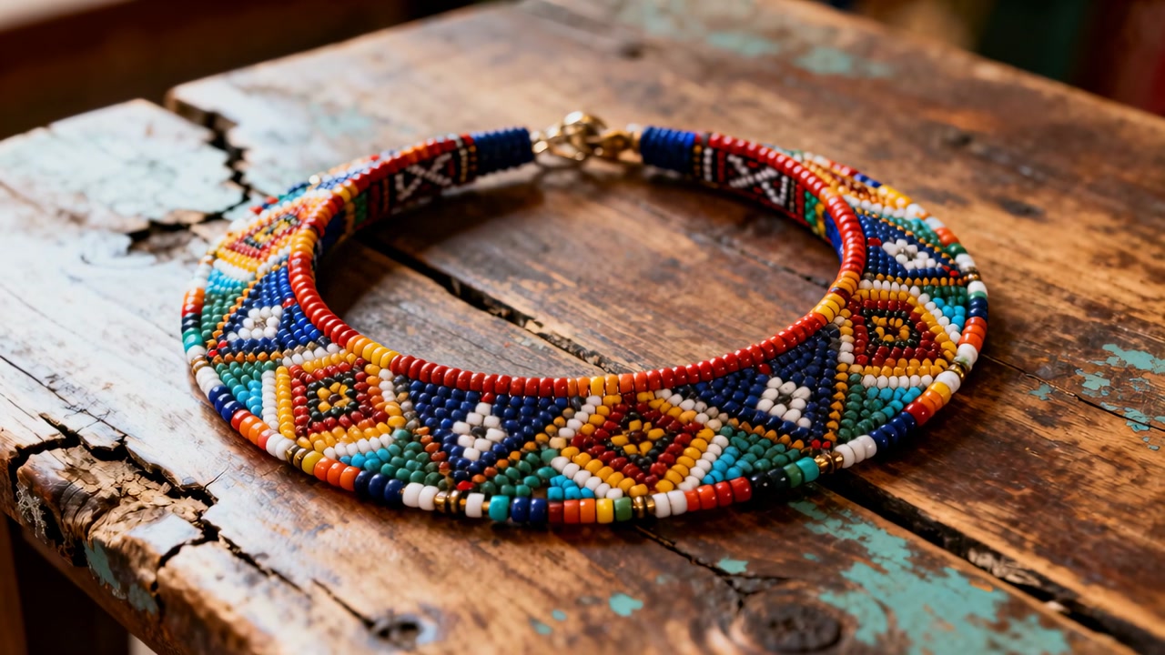 Zooming camera revealing handmade beaded collar necklace on wooden table, showing gold clasp detail