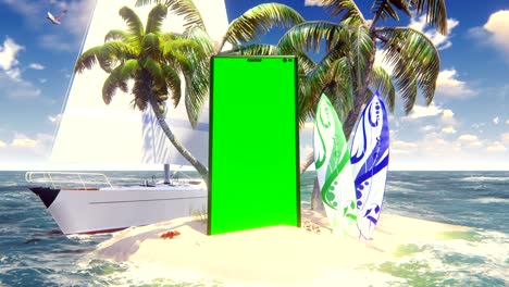 hermosa isla salvaje, playa y palmeras, arena blanca y cielo azul, silla de playa, tablas de surf y teléfono móvil gigante con pantalla verde. increíble viaje de verano, fondo en bucle.