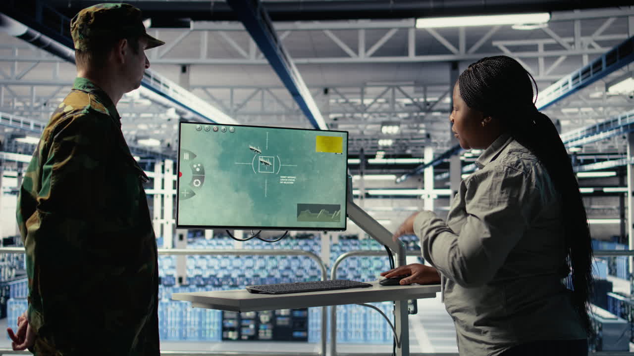 Military Data Center Coworkers Looking At Radar Software On Screen