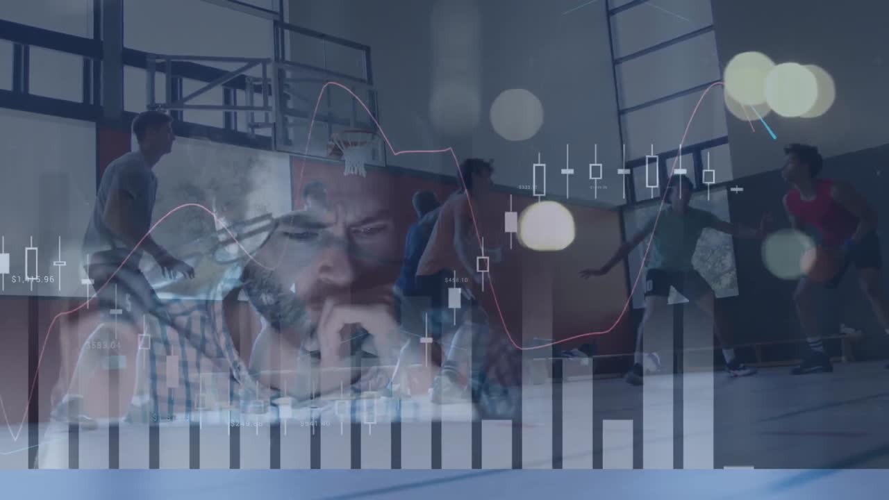 animación del procesamiento de datos financieros sobre diversos jugadores de baloncesto masculinos y hombres caucásicos