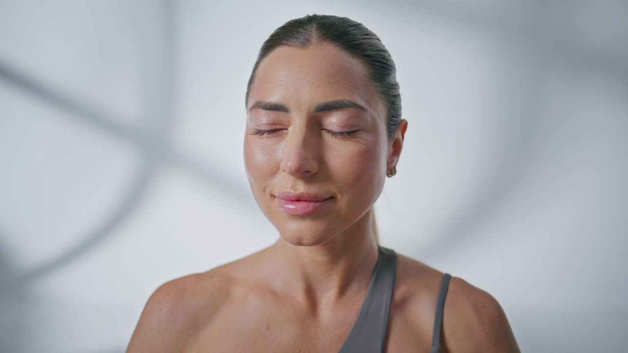Closeup closed eyes girl meditation at morning. Peaceful woman mental practices