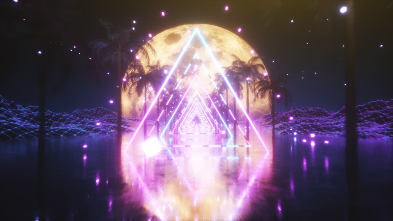 túnel de neón por la noche con palmeras y luna llena