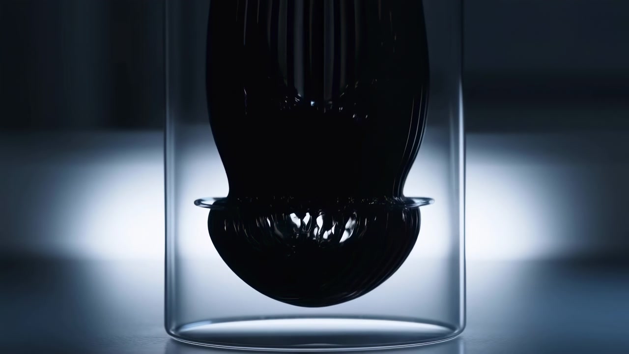 En glänsande svart räfflad form är centrerad inuti en transparent cylindrisk glasbehållare, upplyst av ett kallt bakgrundsljus mot en mörk minimalistisk bakgrund med stark