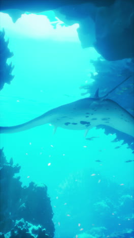 a manta ray swims through a coral reef