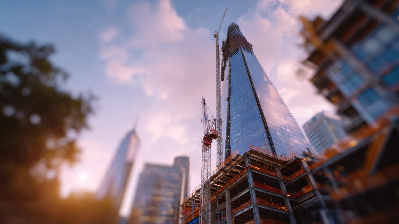 Impresionante escena de construcción urbana mostrando un imponente rascacielos en desarrollo, enmarcada por un cielo pintoresco y un ambiente de ciudad vibrante.