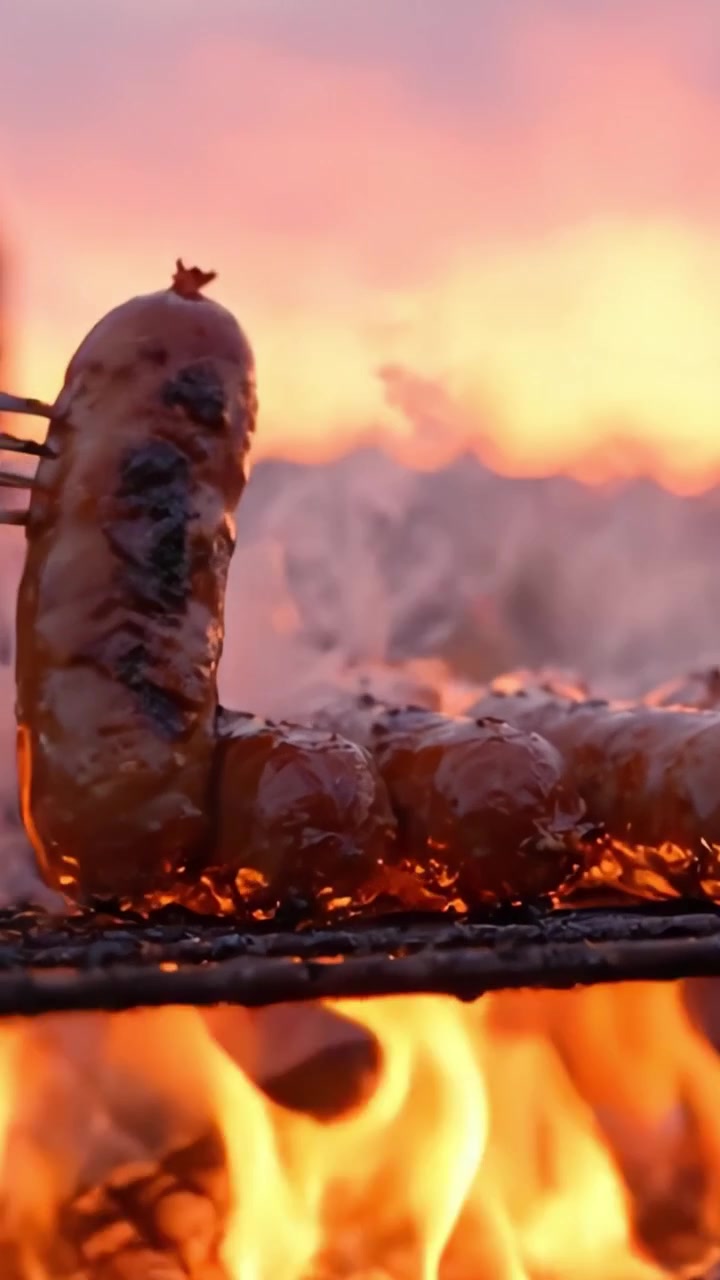 Una Delizia Culinaria: Grigliare Salsicce Succulente su Fiamme Vive al Tramonto, Creando un'Esperienza Perfettamente Carbonizzata e Saporita all'Aperto