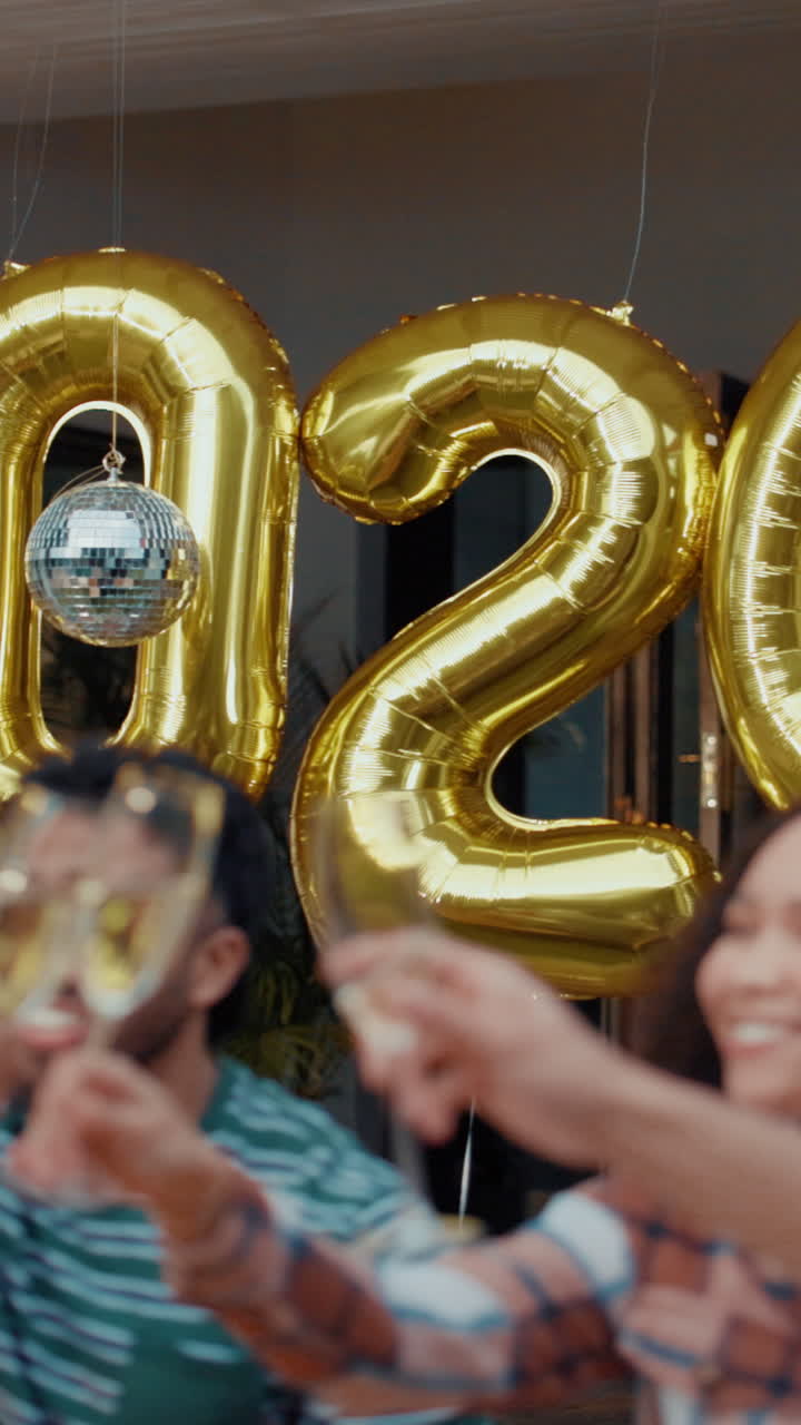 Palloncini dorati 2026 e persone che brindano a una festa