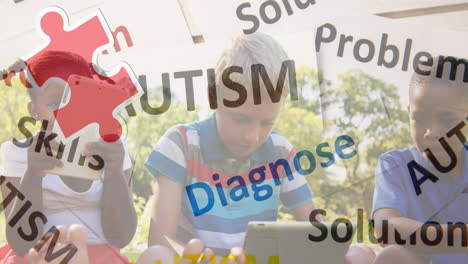 animation of autism awareness text and colorful puzzle pieces over happy playing children