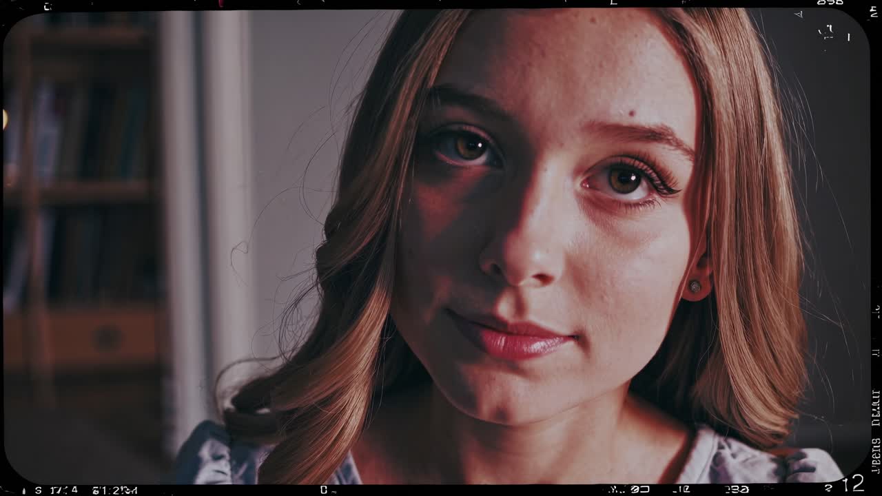 retrato de una mujer rubia con cabello largo. con una camisa azul claro. expresando diferentes emociones y posando frente a un fondo borroso con una estantería y luces. con un aspecto de película vintage