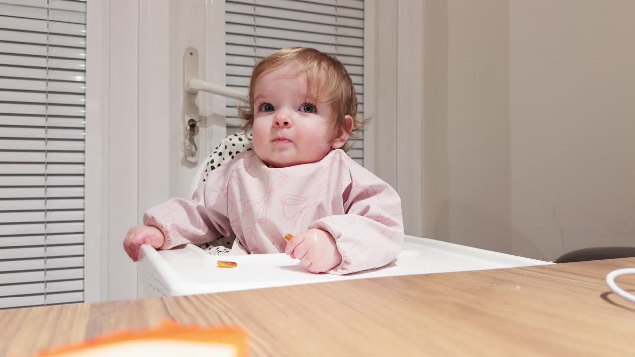 Adorable baby sits in a high chair nibbling snack and looking around at home, a sweet candid family moment with cozy indoor lifestyle and childhood curiosity