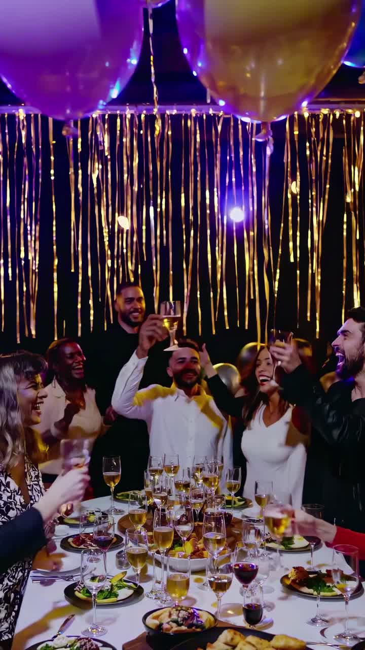 Una animada celebración con amigos brindando en una mesa durante una cena