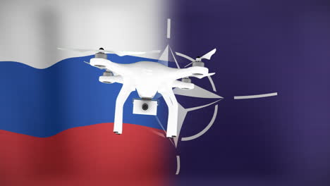 animación de un avión no tripulado volando sobre las banderas de rusia y la otan