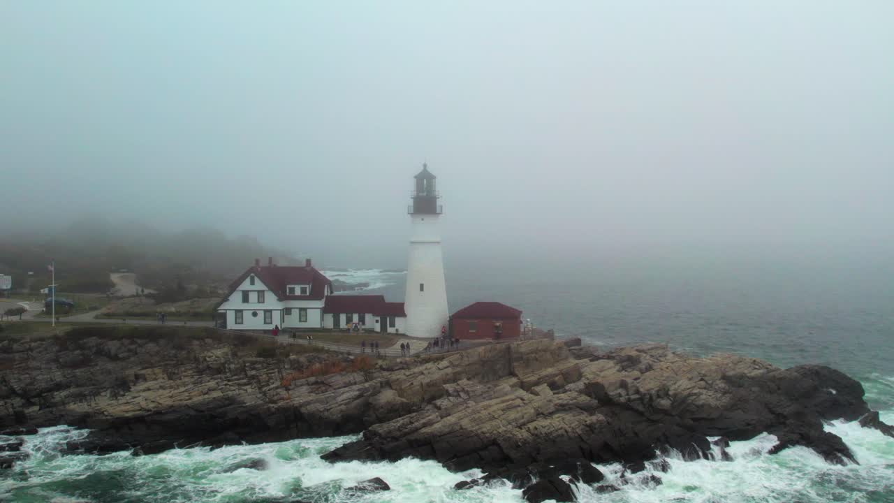 Lighthouse in the fog, Portland, Maine, 4K drone shot