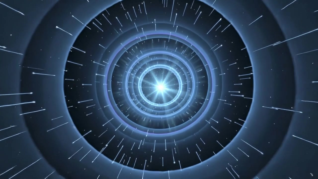 Glowing core driving blue-ring tunnel moving inward in dark space to create zoom, with streaks