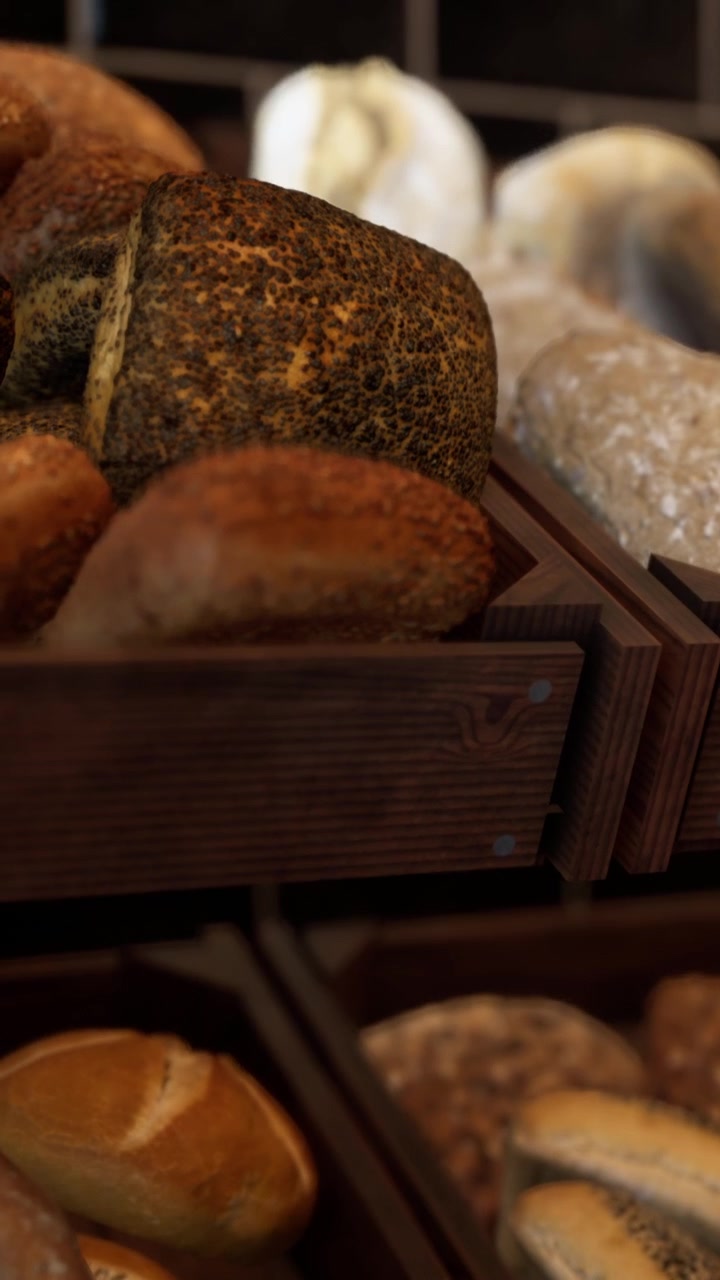 Freshly baked bread on display in a bakery shop in the morning