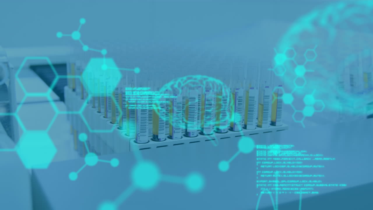 Animation of data processing over test tubes in lab