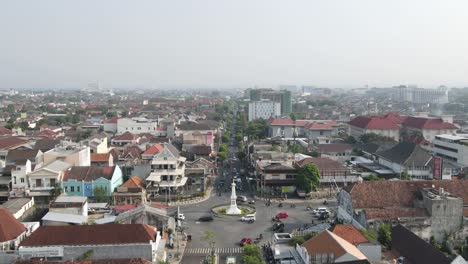 hyperlapse of morning aerial view, yogyakarta monument (tugu yogyakarta) which is an icon of the grandeur of the city of yogyakarta.