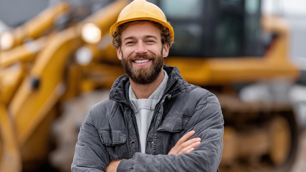 Confident Construction Worker Smiling with Arms Crossed in Front of Heavy Machinery, Conveying a Sense of Pride and Professionalism in the Workplace Environment