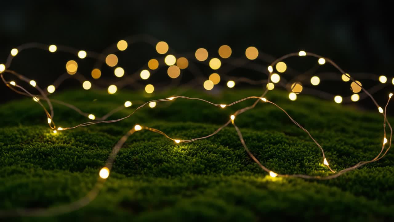 A Captivating Display of Twinkling Fairy Lights Illuminating a Plush Green Mossy Surface, Creating a Dreamy Atmosphere of Warmth and Serenity