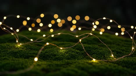 a captivating display of twinkling fairy lights illuminating a plush green mossy surface, creating a dreamy atmosphere of warmth and serenity