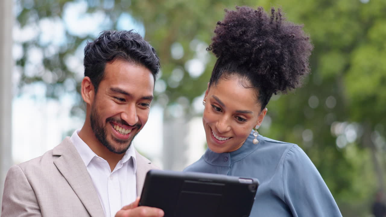 Business people, tablet and team outdoor