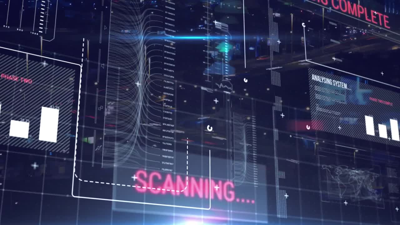 animación del lenguaje informático sobre gráficos, textos, mapas, barras de carga contra el lapso de tiempo de los vehículos.