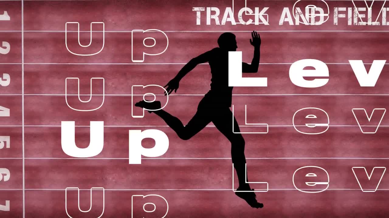 Animation of words level up over words track and field and runner silhouette on sports track