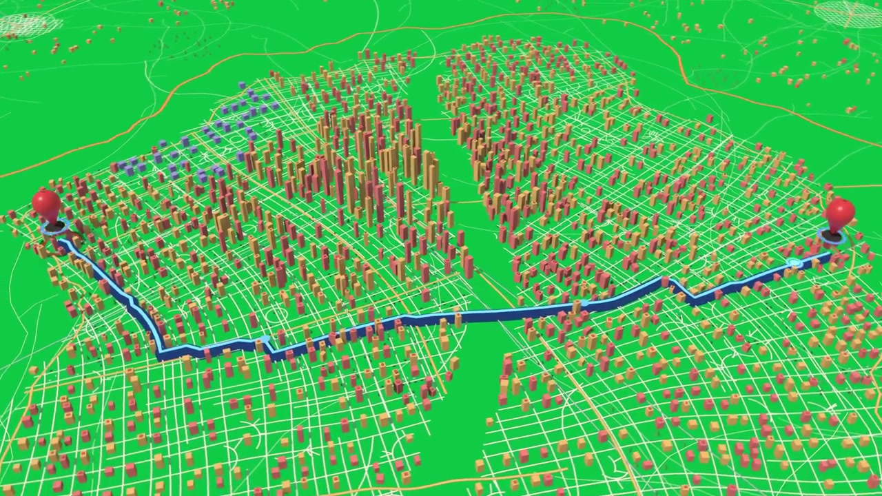 Mapa 3D em fundo transparente mostrando pinos aparecendo, recuando, traçando rota e conectando pinos sobre uma lacuna