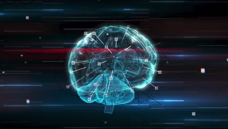 animación de iconos digitales y rastros de luz sobre el icono del cerebro humano giratorio contra un fondo negro