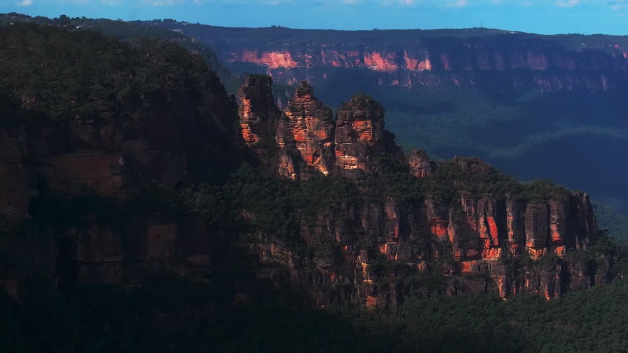 Three Sisters Echo Point Lookout cliff walk World Heritage National Park Blue Mountains parallax drone aerial Katoomba Sydney NSW Australia Gum Tree Eucalyptus Forest bluesky afternoon sunny circle