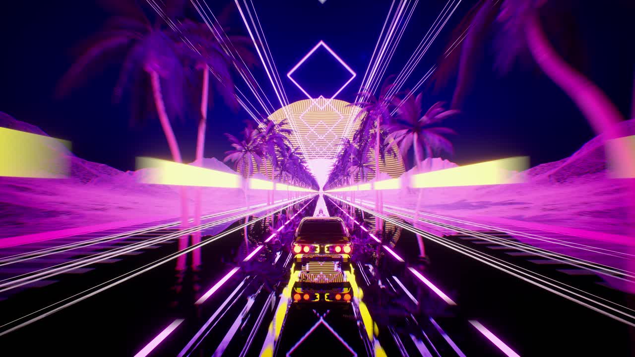 Car And City In Neon Style. 80S Retro Wave Background 3D Animation. Retro Futuristic Car Drive Through Neon City