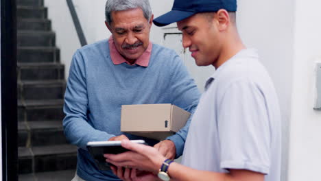 delivery, box and man with tablet