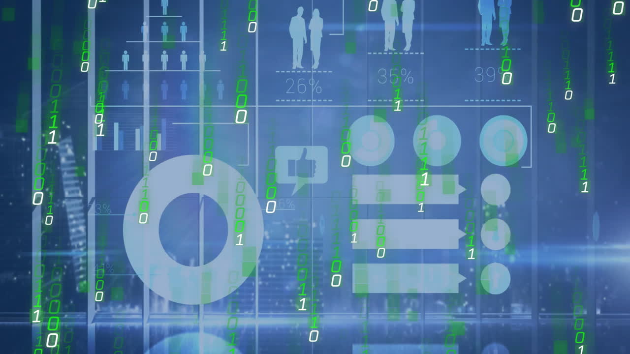 Animation of binary code with data visualization on blue background with silhouettes