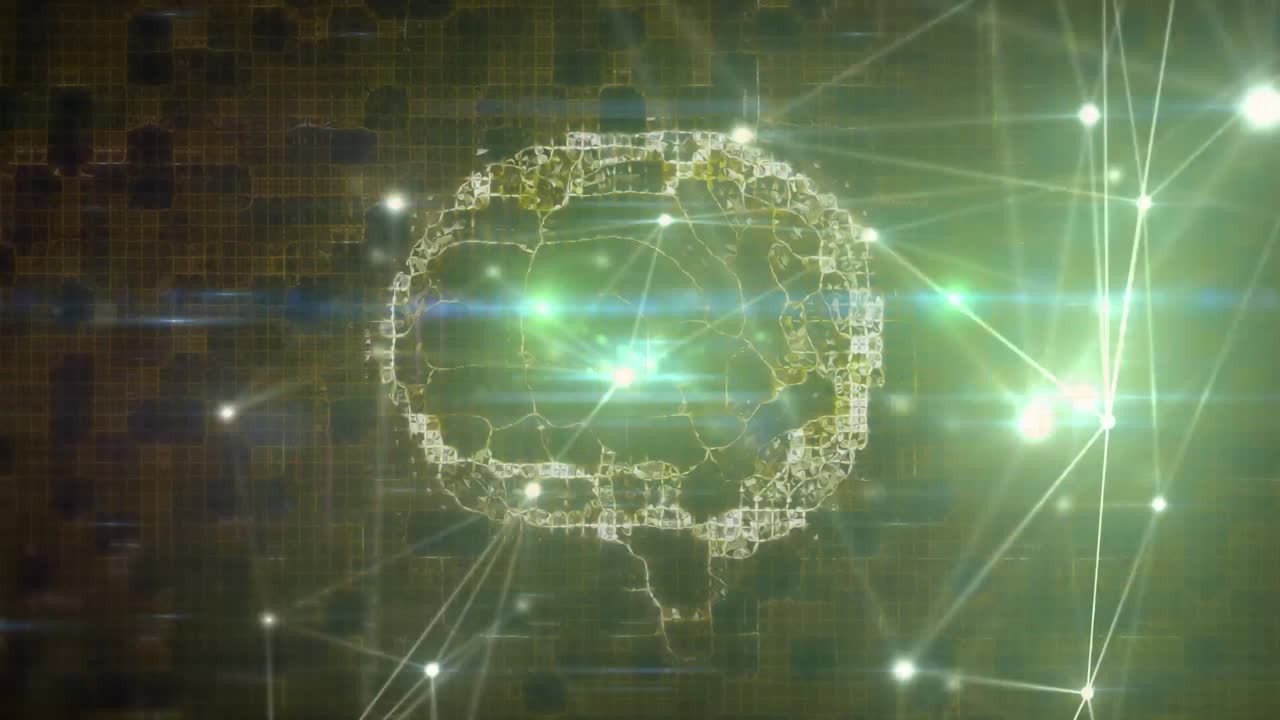 Animation of network of connections and digital brain over black background