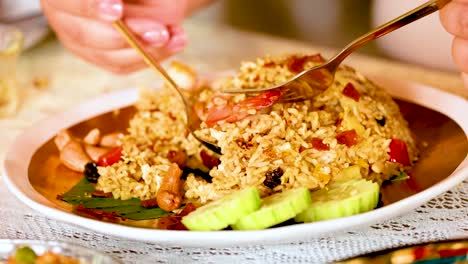 savoring delicious shrimp fried rice with cucumbers