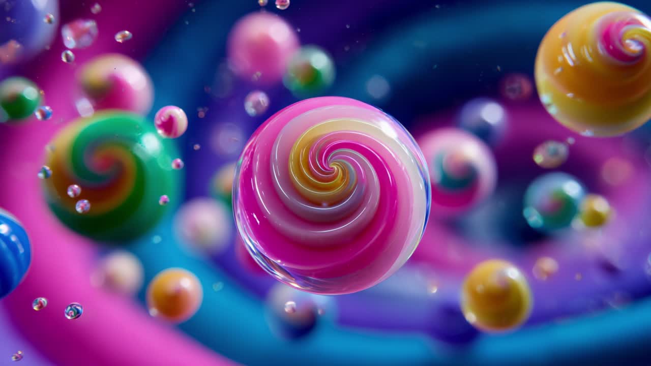 A Vibrant Display of Swirling Colorful Spheres Floating in a Dreamlike Environment Surrounded by Bubbles, Capturing the Essence of Playfulness and Whimsy in a Vivid Abstract World