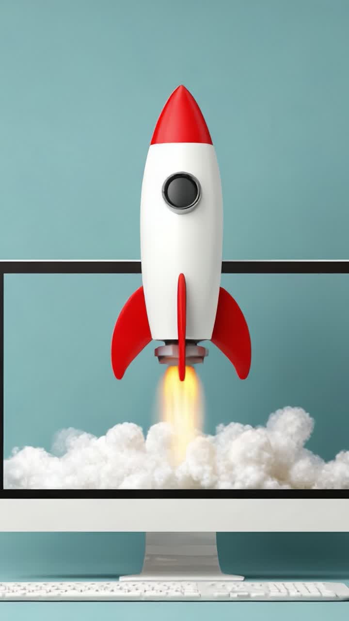 Innovative Concept of a Rocket Launching from a Computer Screen, Representing Modern Technology, Creativity, and Digital Exploration in a Contemporary Workspace Environment