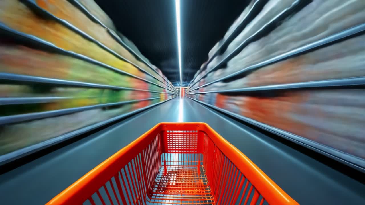 An Overview of a Shopping Cart in a Grocery Store Aisle, Capturing the Dynamic Movement Through Shelves Filled with Colorful Products in an Abundant Retail Environment