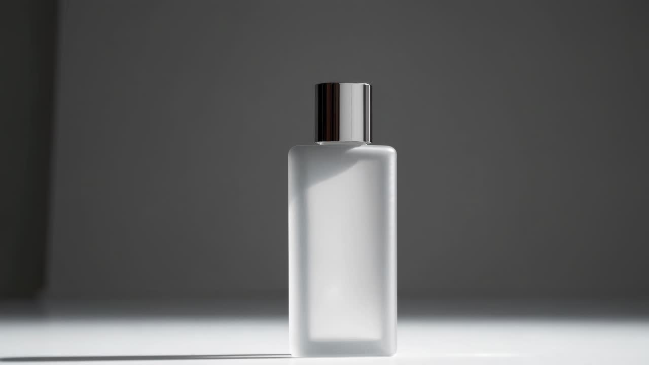 Concept video minimalista con una bottiglia satinata e un tappo metallico