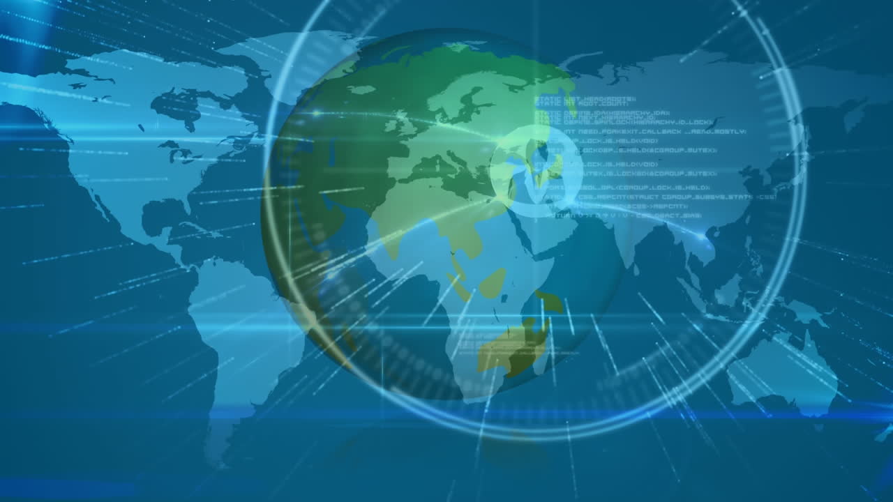 전 세계를 스캔하는 스 ⁇ 의 애니메이션, 세계 지도 및 연결 네트워크