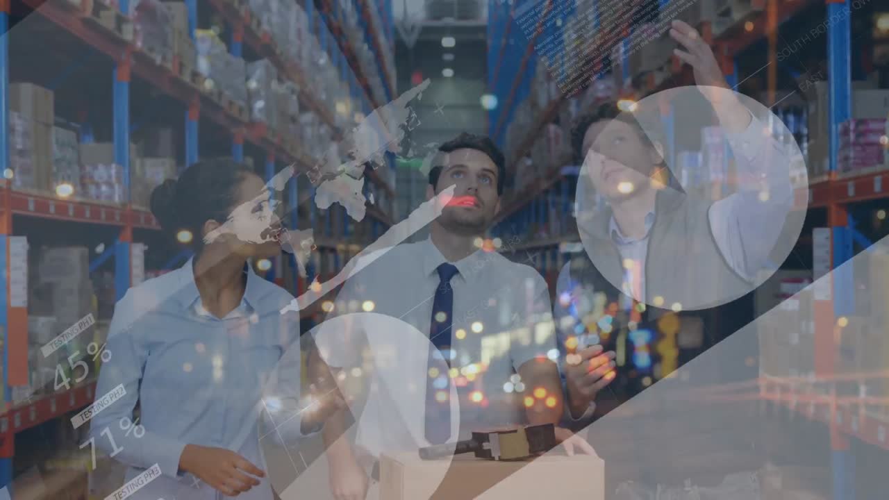 창고에서 일하는 사람들에 대한 금융 데이터 처리의 애니메이션