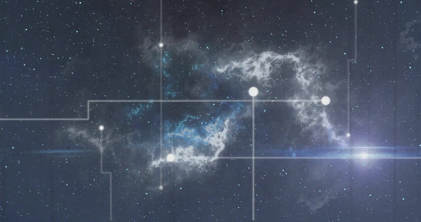 Nebulosa centrale e griglia scorrono in un campo stellare, con un lens flare che sale a destra e nodi che si collegano alla mappatura dei dati.