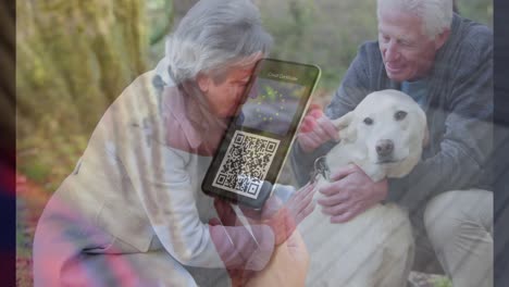 animation of woman holding smartphone with covid 19 vaccination passport over senior couple and dog