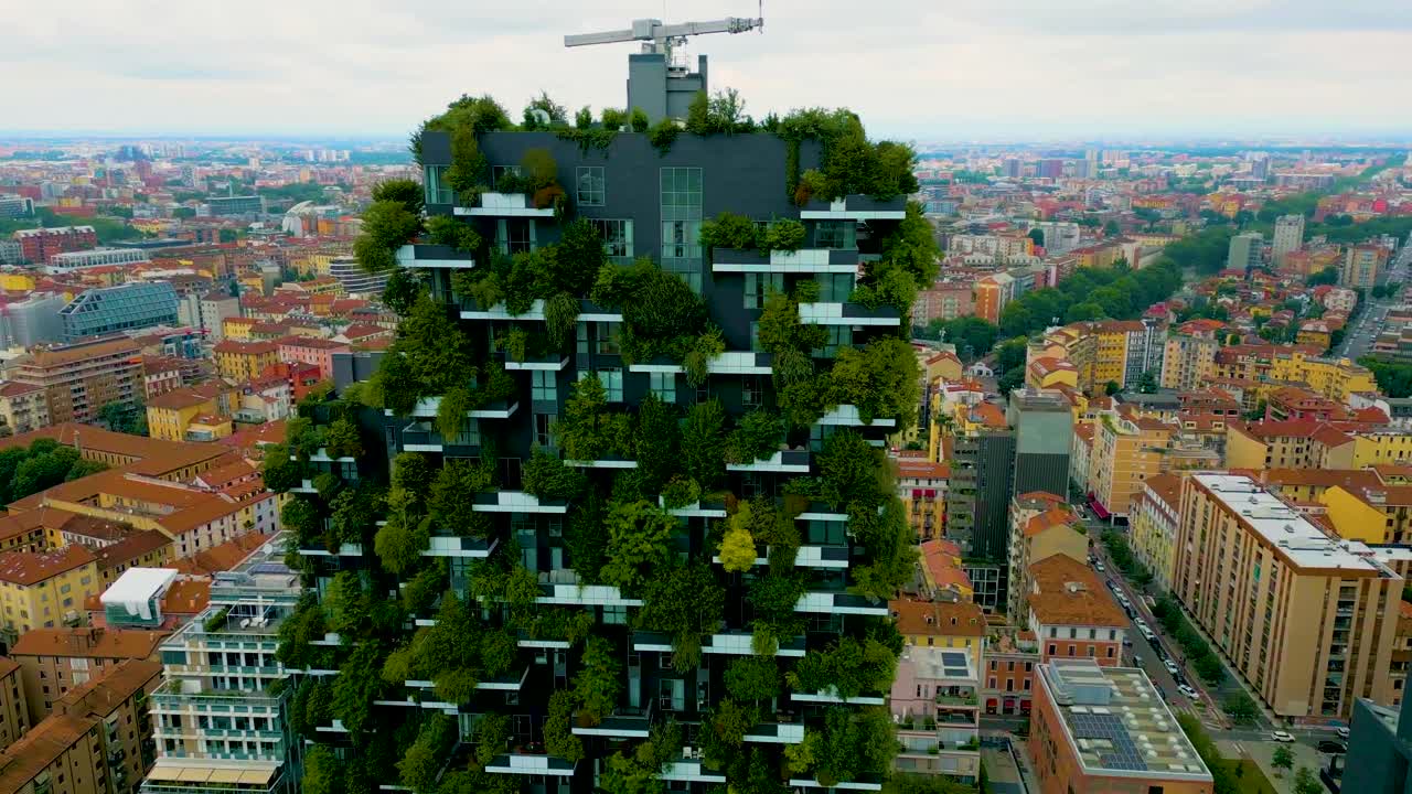 4K Aerial Drone Video of the Bosco Verticale Forest Building in Milan, Italy on a Summer Day