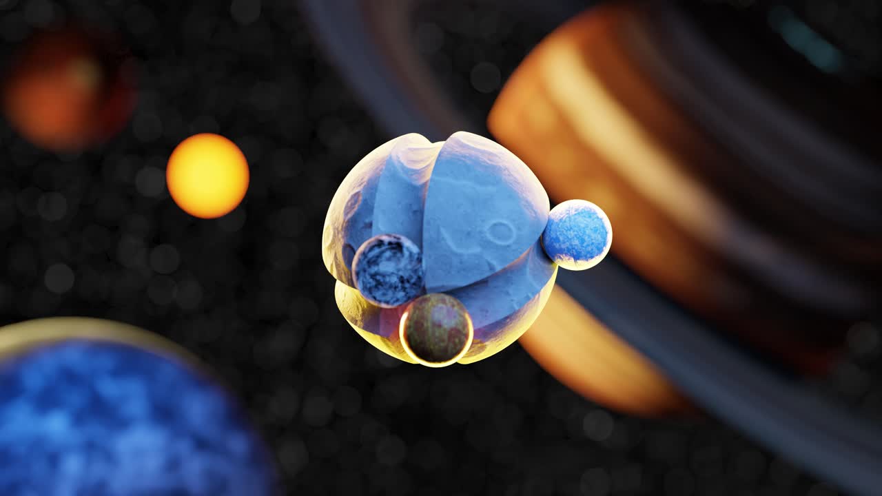 3D animation loop of small planets rotating on sphere moon surface