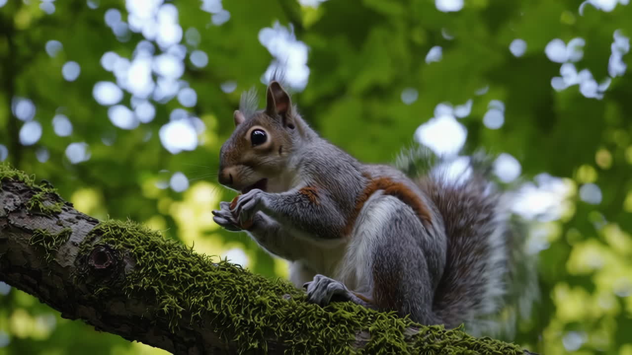 Grey Squirrel Eating a Nut on a Branch