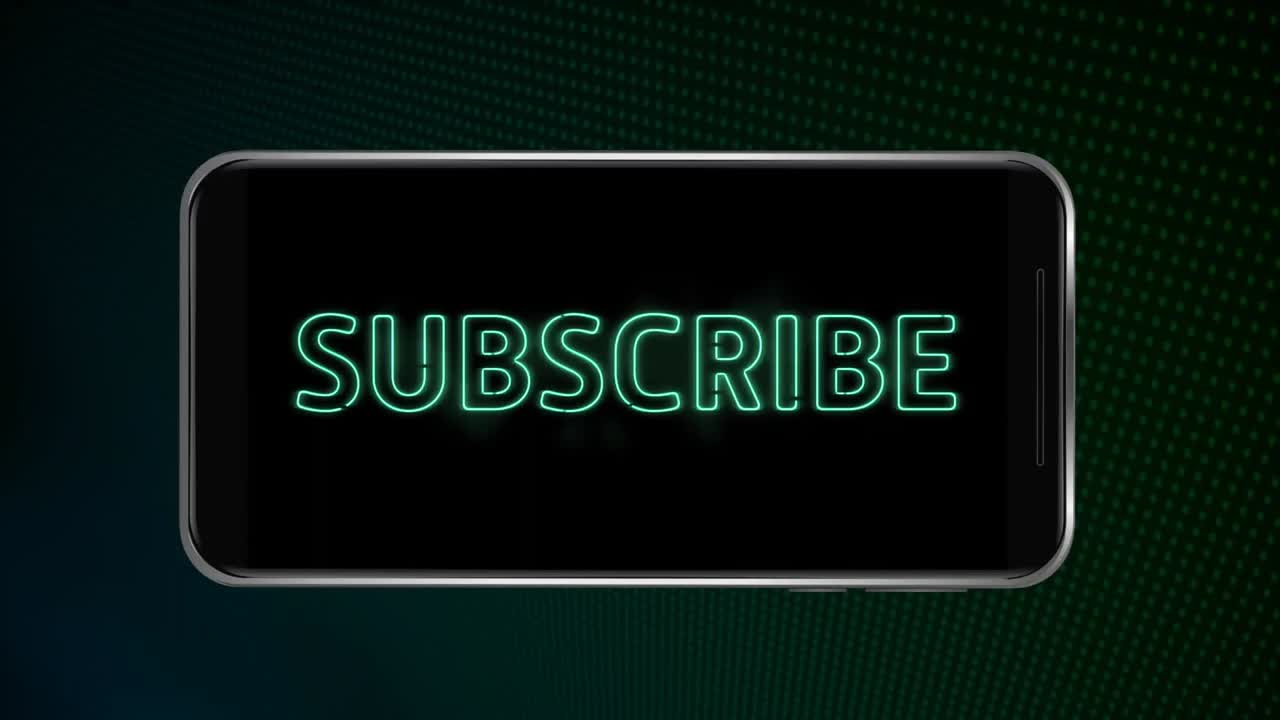 animación de la palabra verde suscribirse parpadeando en la pantalla negra de un teléfono inteligente sobre fondo negro