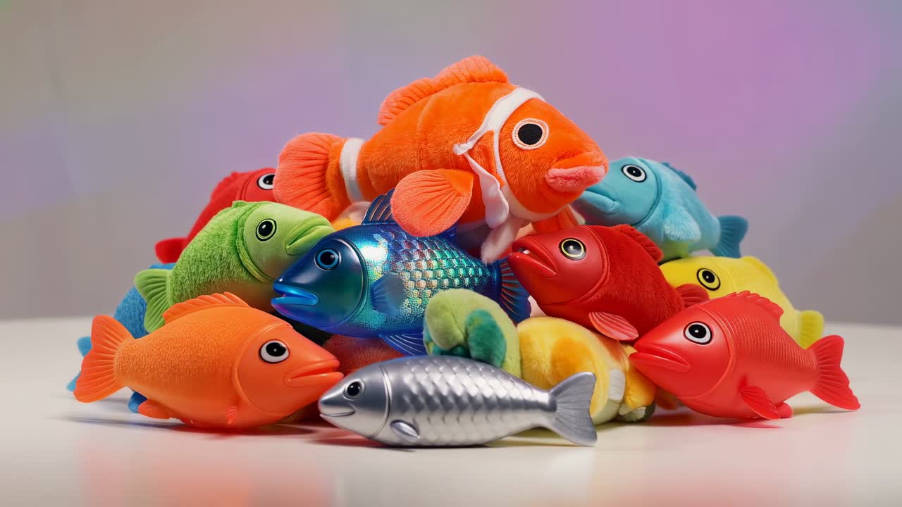 Tightening framing, camera moving closer on tabletop, emphasizing clownfish and silver fish