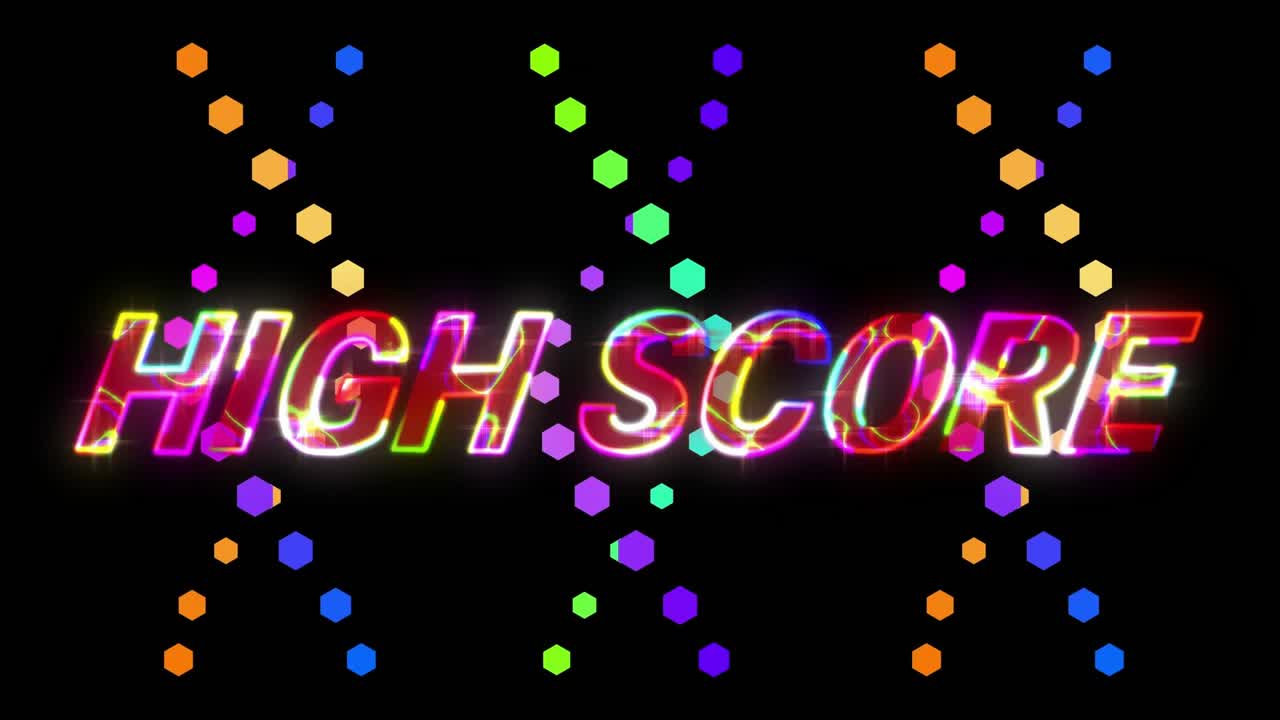Ba vòng lặp cầu vồng xoay trên nền đen, sau đó HS HOẶC biến thành HIGH SCORE bị lỗi hiển thị cho bảng điểm